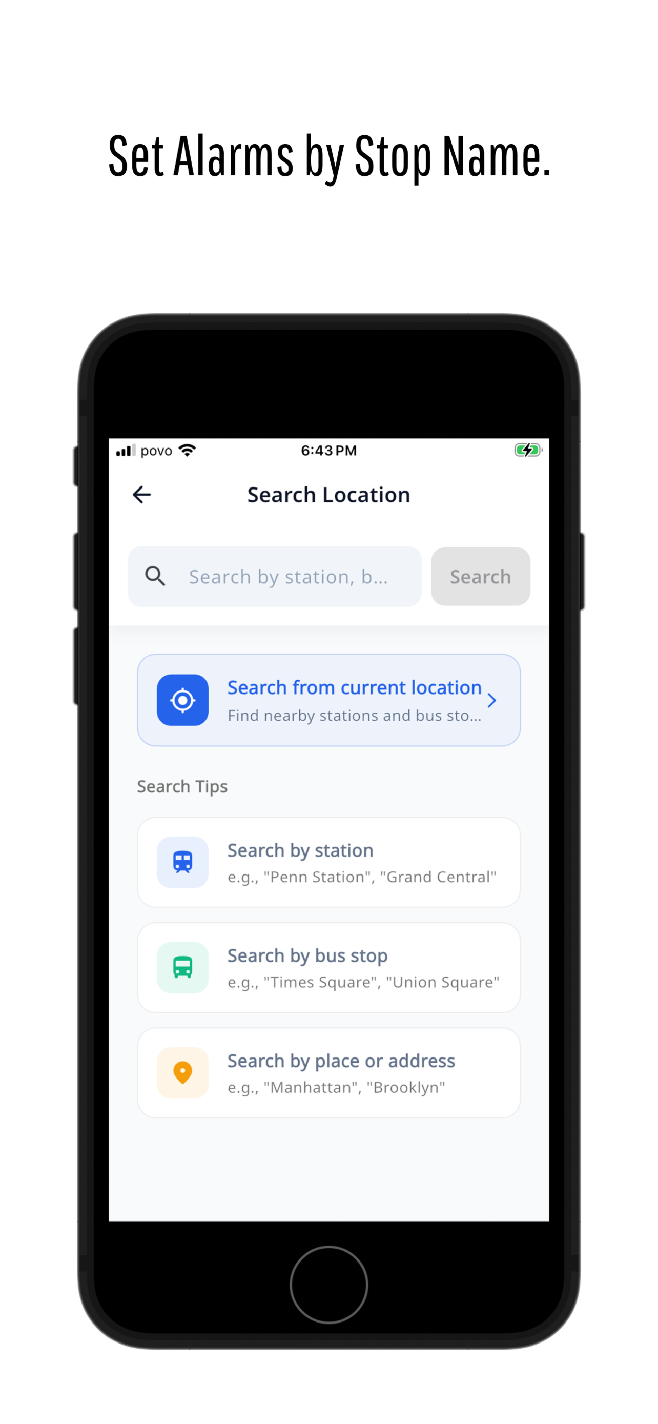Search screen: Find stations and bus stops